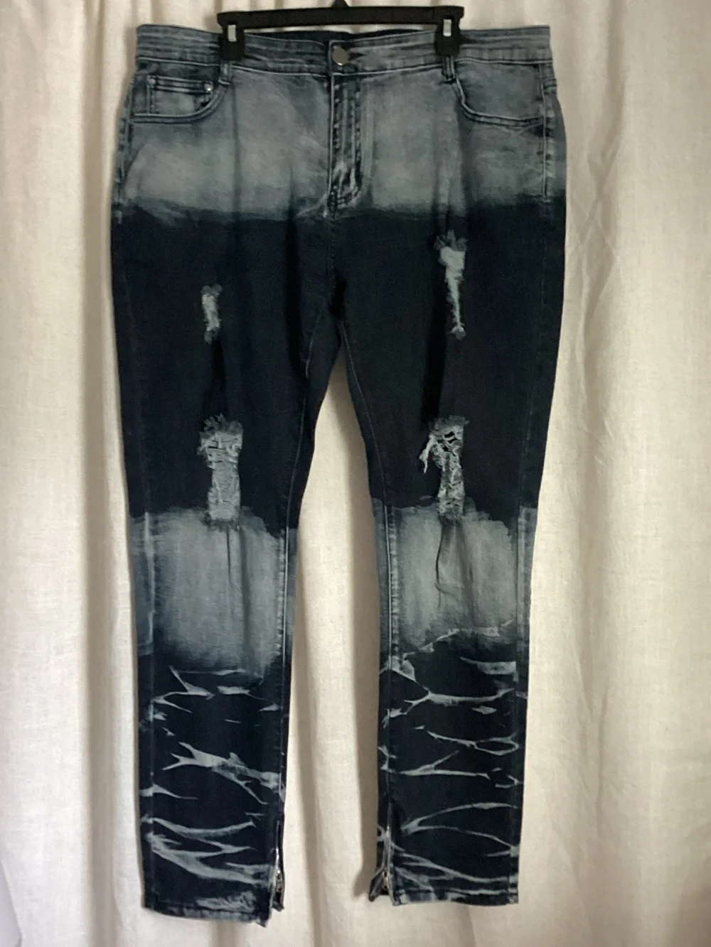 Men’s Distressed Two‑Tone Zipper Jeans – Blue Fade Wash 40